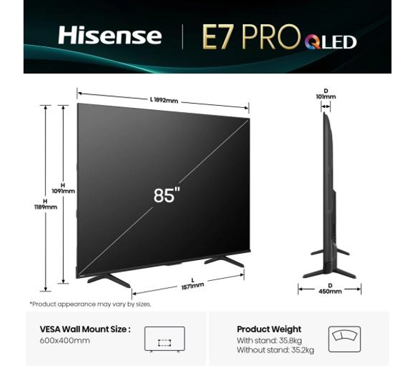 Hisense 85E7Q PRO 85" QLED 4K 144Hz Smart TV Funkcje AI Dolby Vision Dolby Atmos HDMI 2.1 - Kup na Raty - RRSO 0%