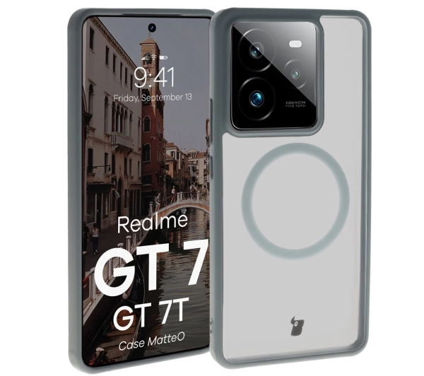 Bizon MatteO z MagSafe do Realme GT 7 / Realme GT 7T Półprzezroczyste z szarą ramką