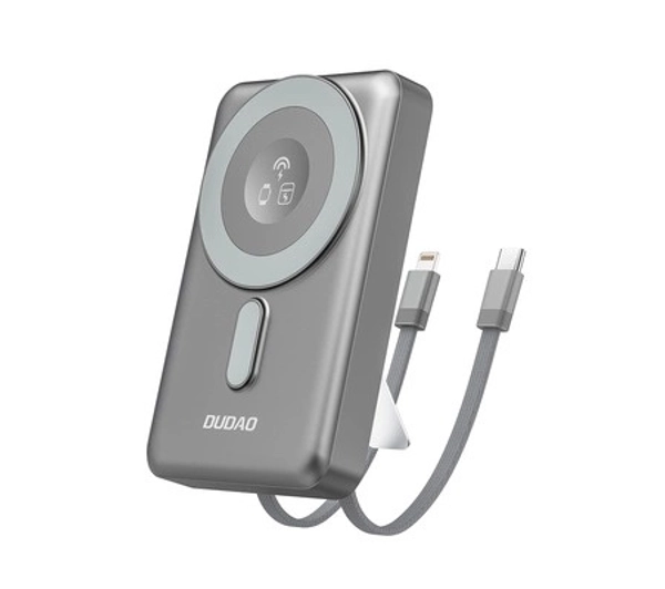 Powerbank Dudao K29 10000mAh PD 20W z MagSafe z metalową obudową, podstawką i wbudowanymi kablami USB-C/Lightning - szary