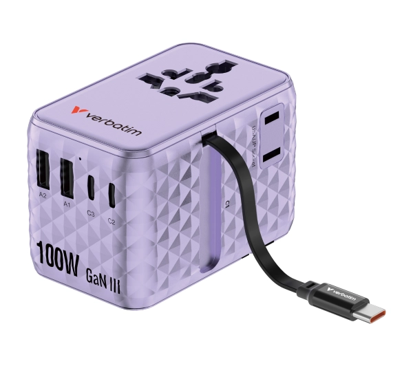Verbatim Charge 'n' Travel 100W Adapter with retractable cable purple