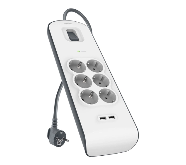 Belkin BSV604VF2M-V2 6 gniazd 2x USB-A, 2m Biało-czarny