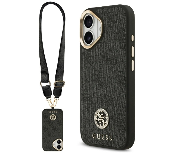 Etui GUESS 4G Strass Logo & Big Strap Metal Buttons MagSafe do Apple iPhone 17 Czarny
