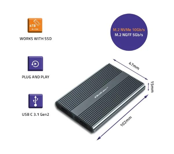 Qoltec 52273 M.2 SSD SATA NVMe USB-C Szary