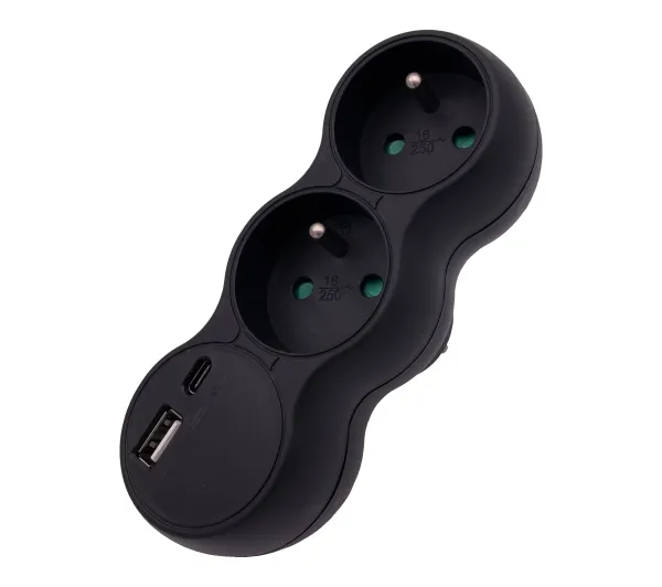 Düwi Rozgałęźnik 2 x 2P+Z USB A + C 2.4A BOOM czarny
