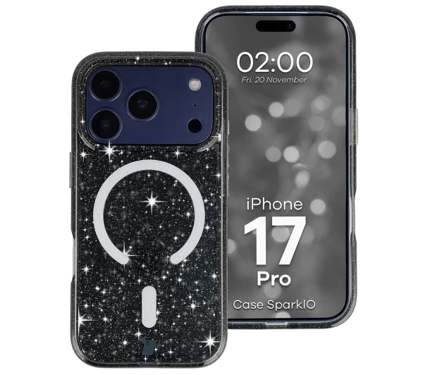 Bizon Case SparklO do iPhone 17 Pro Przezroczysto-Czarne z Brokatem