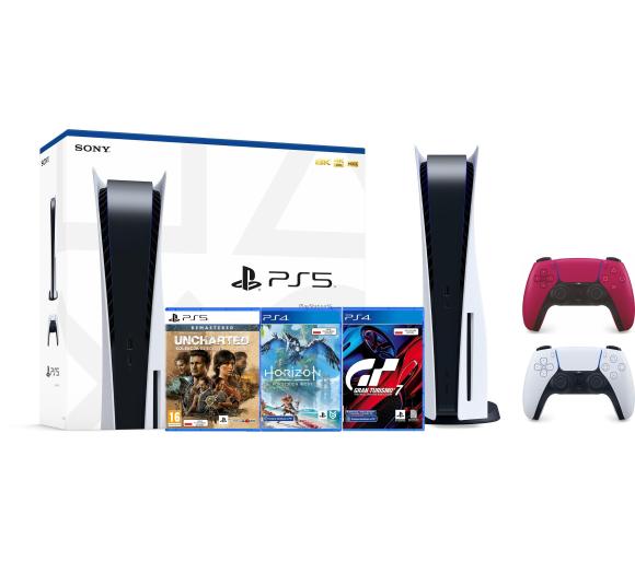 konsola PS5 Sony PlayStation 5 (PS5) + Gran Turismo 7 + Horizon Forbidden West + Uncharted: Kolekcja + dodatkowy pad (czerwony)
