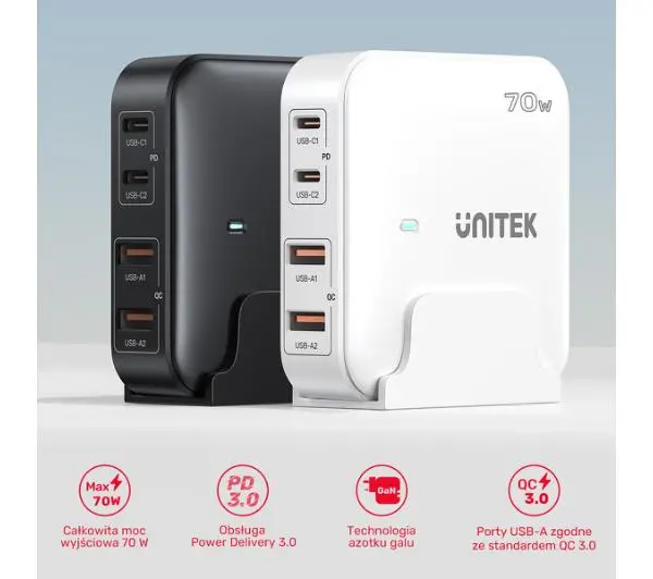 Unitek GaN 70W 2x USB-A+2x USB-C Biały