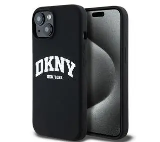 DKNY Hardcase Liquid Silicone White Printed Logo MagSafe do iPhone 15 Czarny