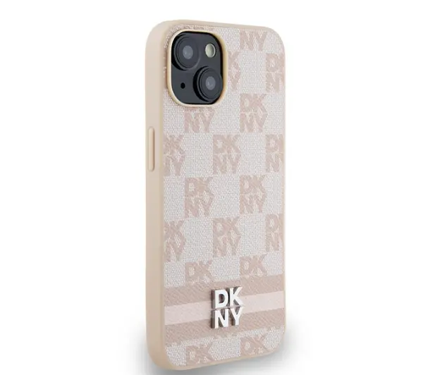 DKNY Leather Checkered Mono Pattern & Printed Stripes do iPhone 15 Plus Różowy