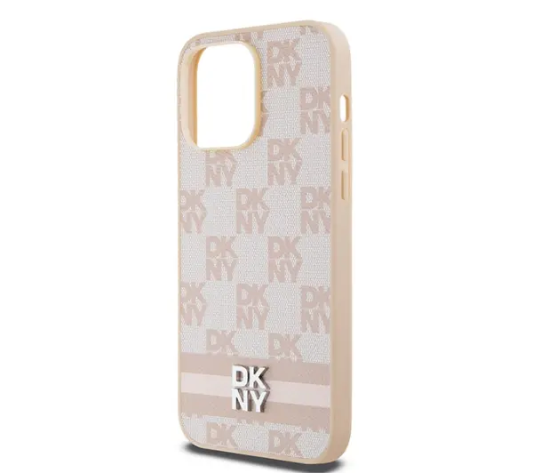 DKNY Leather Checkered Mono Pattern & Printed Stripes do iPhone 14 Pro Max Różowy