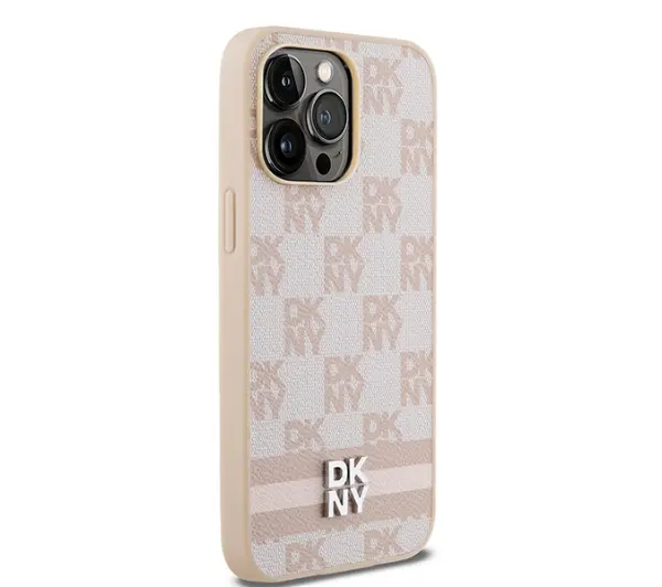 DKNY Leather Checkered Mono Pattern & Printed Stripes do iPhone 14 Pro Max Różowy