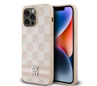 DKNY Leather Checkered Mono Pattern & Printed Stripes do iPhone 14 Pro Max Różowy