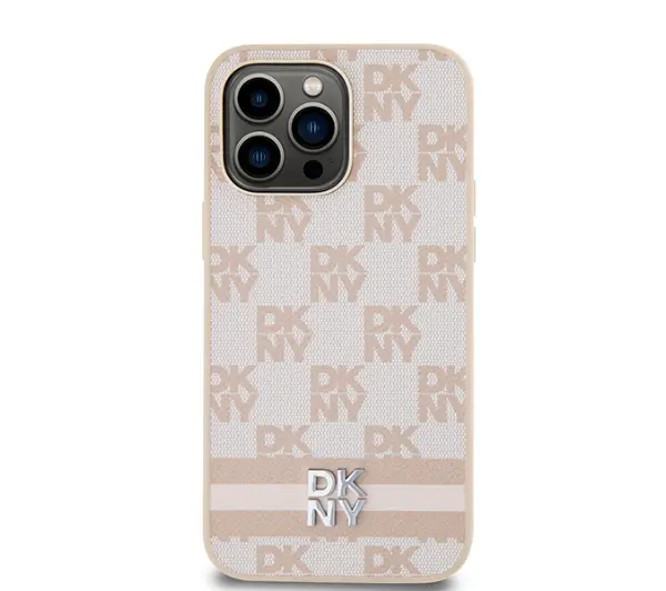 DKNY Leather Checkered Mono Pattern & Printed Stripes do iPhone 14 Pro Max Różowy