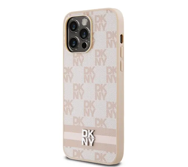 DKNY Leather Checkered Mono Pattern & Printed Stripes do iPhone 14 Pro Max Różowy