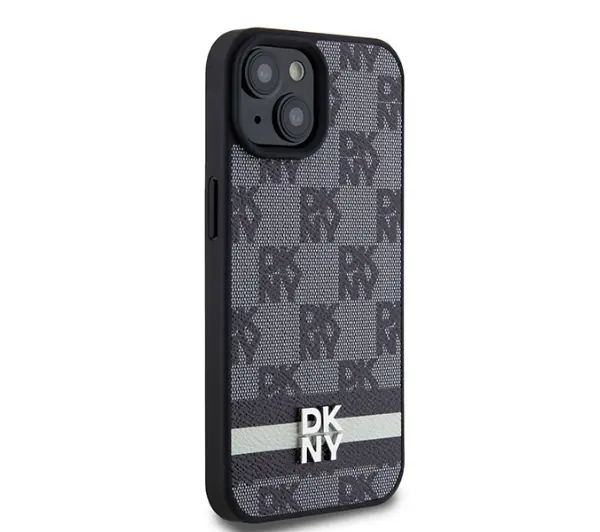 DKNY Leather Checkered Mono Pattern & Printed Stripes do iPhone 15 Plus Czarny