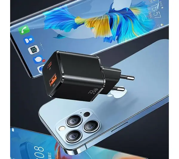 USAMS T43 USB-C+USB 33W + kabel lightning Czarny