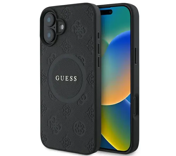 Etui GUESS Saffiano Peony Classic Logo MagSafe do Apple iPhone 16 Czarny