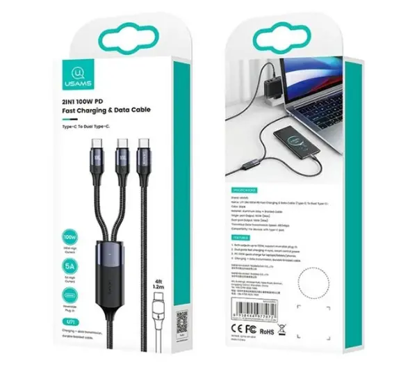 USAMS 2xUSB-C do USB-C 1,2m 100W PD Fast Charge Czarny