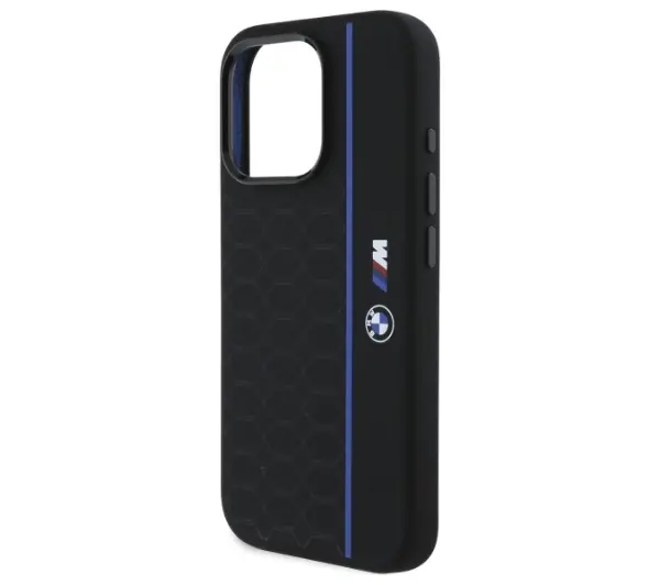 BMW Silicone Hexagon Blue Line MagSafe do iPhone 16 Pro Czarny