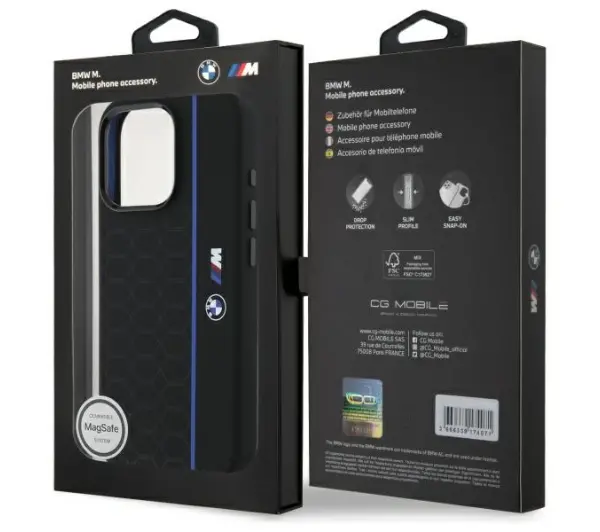 BMW Silicone Hexagon Blue Line MagSafe do iPhone 16 Pro Czarny
