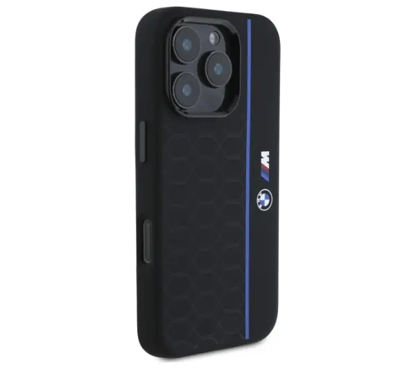BMW Silicone Hexagon Blue Line MagSafe do iPhone 16 Pro Czarny