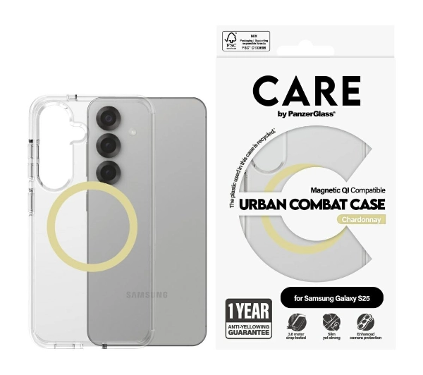 Etui PANZERGLASS Care Flagship Urban Combat Qi do Samsung Galaxy S25 Przezroczysto-żółty