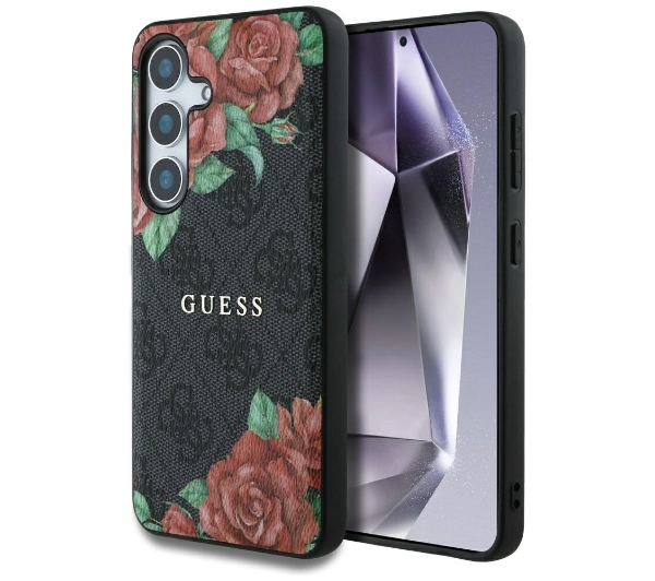 Etui GUESS Leather 4G Flowers Print Metal Classic Logo MagSafe do Samsung Galaxy S25 Czarny