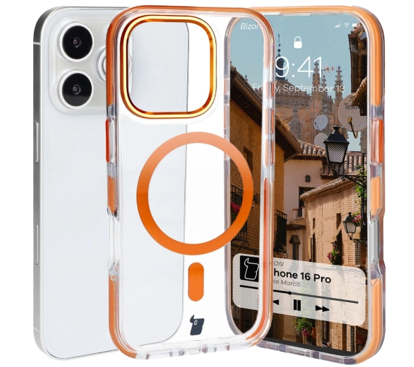 Bizon Marco z MagSafe do iPhone 16 Pro Przezroczyste z pomarańczową ramką