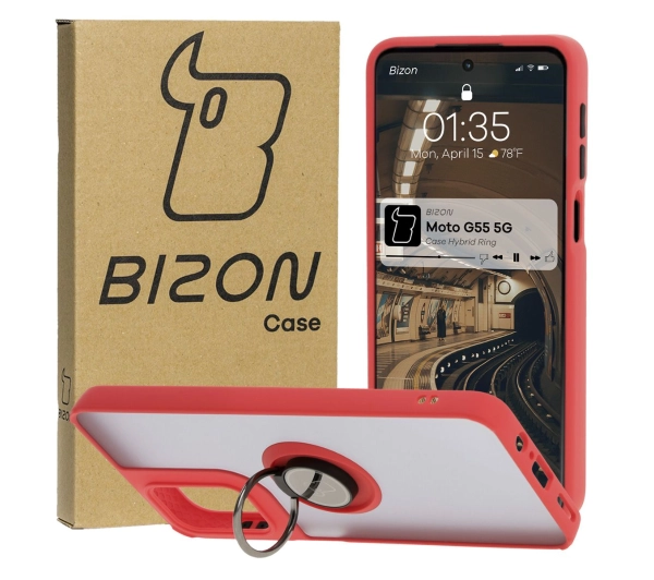 Bizon z uchwytem na palec Hybrid Ring do Motorola Moto G55 5G przydymione z Czerwoną ramką