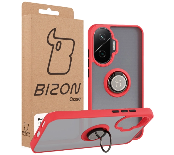 Bizon z uchwytem na palec Hybrid Ring do Xiaomi POCO F7 Przydymione z czerwoną ramką