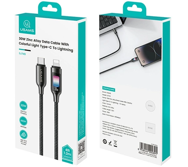 USAMS TC Series 30W USB-C do Lightning 1,2m Czarny