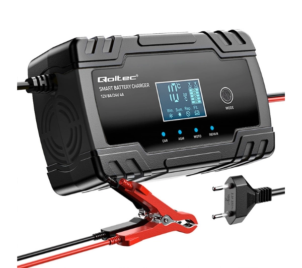 Qoltec 52490 Inteligentna mikroprocesorowa 12V 8A / 24V 4A  Prostownik z funkcją naprawy do akumulatora AGM GEL