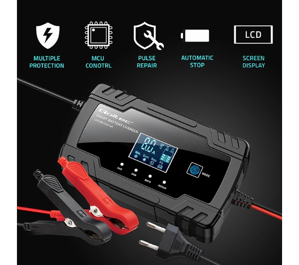 Qoltec 52490 Inteligentna mikroprocesorowa 12V 8A / 24V 4A  Prostownik z funkcją naprawy do akumulatora AGM GEL