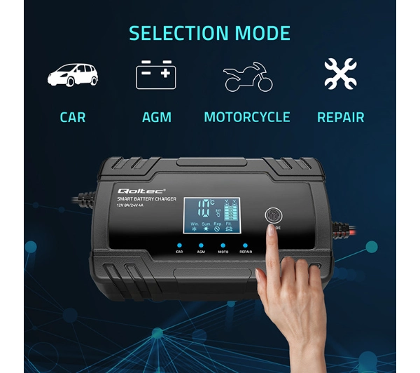 Qoltec 52490 Inteligentna mikroprocesorowa 12V 8A / 24V 4A  Prostownik z funkcją naprawy do akumulatora AGM GEL