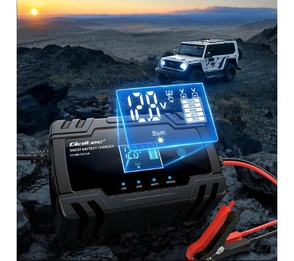 Qoltec 52490 Inteligentna mikroprocesorowa 12V 8A / 24V 4A  Prostownik z funkcją naprawy do akumulatora AGM GEL