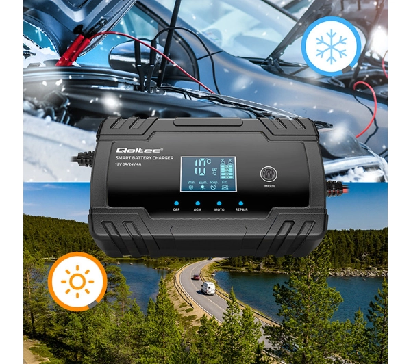 Qoltec 52490 Inteligentna mikroprocesorowa 12V 8A / 24V 4A  Prostownik z funkcją naprawy do akumulatora AGM GEL