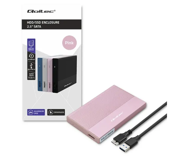 Qoltec 52279 SSD HDD 2.5" SATA USB 3.0 Różowy