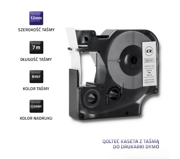 Qoltec do DYMO D1 45013 12mm x 7m Biała/ Czarny nadruk