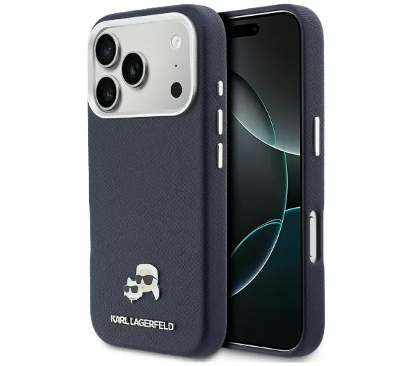 Karl Lagerfeld Karl & Choupette Head Pins Saffiano MagSafe do iPhone 17 Pro Niebieski