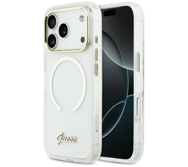 Guess IML Script Metal MagSafe do iPhone 17 Pro Przezroczysty
