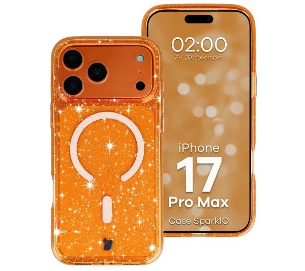 Bizon Case SparklO do iPhone 17 Pro Max Przezroczysto-Pomarańczowy Z Brokatem