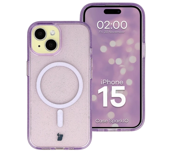 Bizon Case SparklO do iPhone 15 Przezroczysto-Fioletowe Z Brokatem