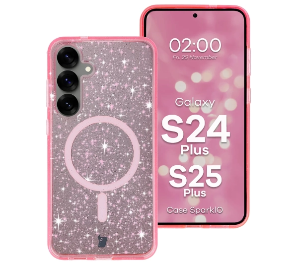 Bizon Case SparklO do Galaxy S25 Plus / S24 Plus Przezroczysto-Różowe Z Brokatem