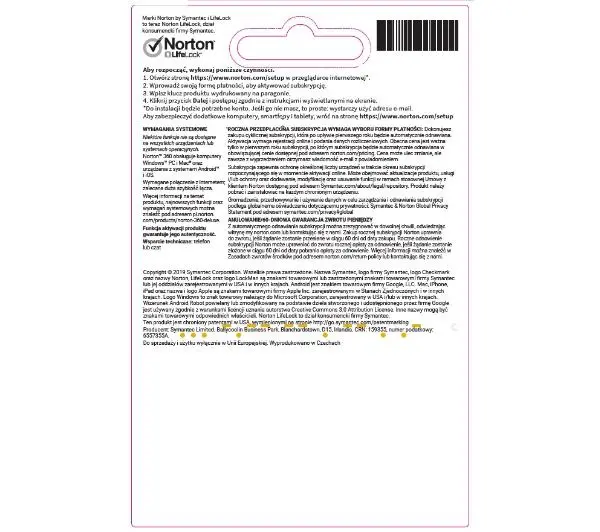 Norton 360 Standard 10GB 1 Urządzenie/1 Rok Kod aktywacyjnyDostęp po opłaceniu zakupu