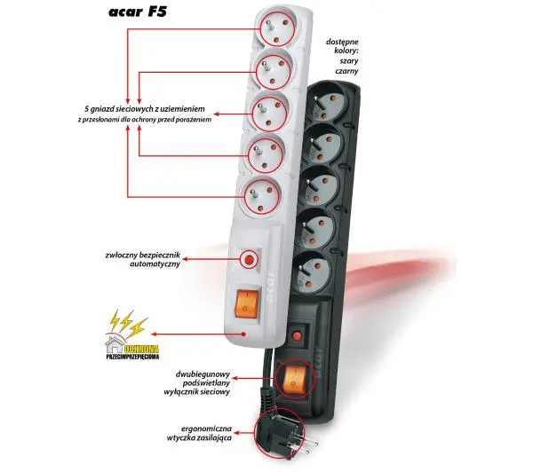 Acar F5 5 gniazd 3m Czarny