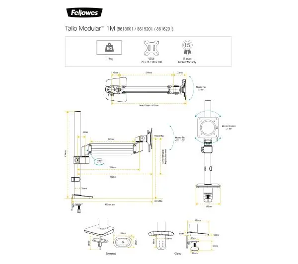 Fellowes TALLO Modular 1M 8613601 od 15" do 32" Max 9kg Srebrny - Kup na Raty - RRSO 0%