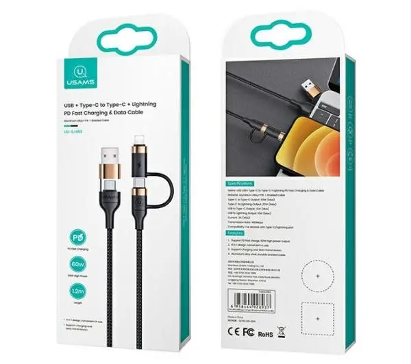 USAMS U62 2xUSB-C USB Lightning SJ483USB01 1,2m Czarny