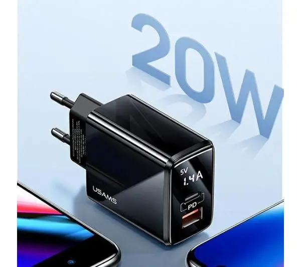 USAMS T40 1 x USB-C + 1 x USB Fast Charging 20W Czarny