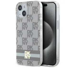 DKNY IML Checkered Mono Pattern & Printed Stripes MagSafe do iPhone 15 Beżowy