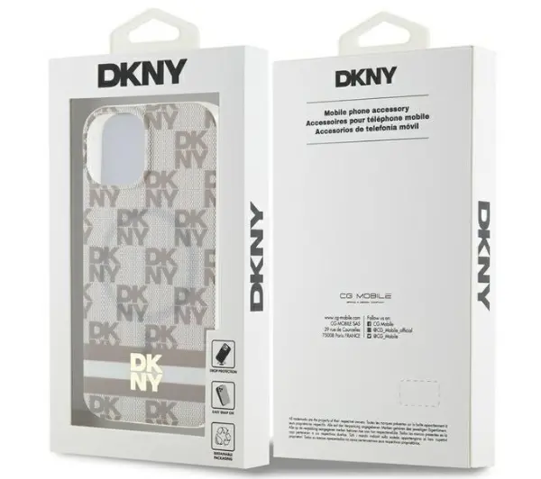 DKNY IML Checkered Mono Pattern & Printed Stripes MagSafe do iPhone 15 Beżowy